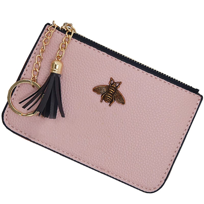 AnnabelZ Women's Coin Purse Change Wallet Pouch Leather Card Holder with Key Chain Tassel Zip (Light Pink) - Image 1